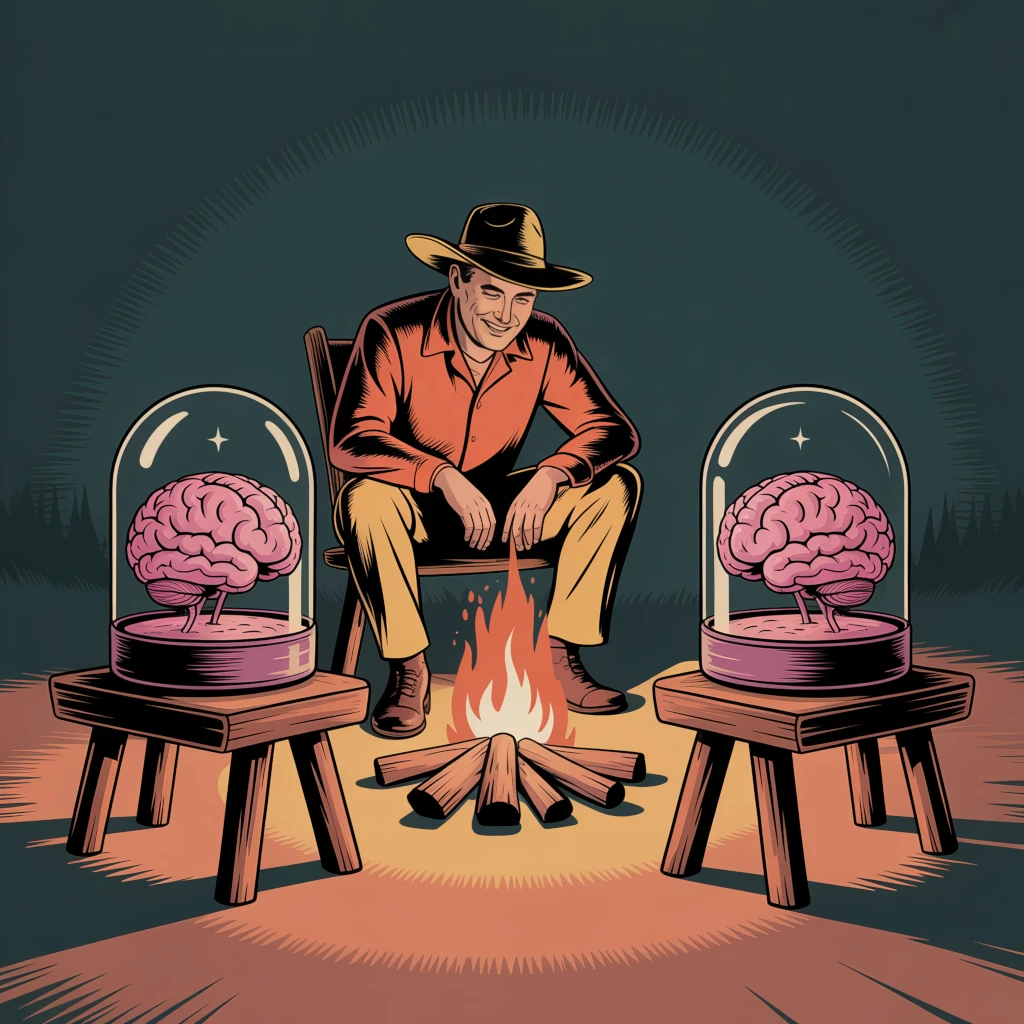 Scène de camp de base sur fond vert pétrole : un humain et deux cerveaux sous cloche discutent autour d’un feu.